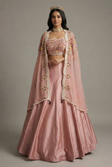 Dusty Pink Raw Silk Beaded Crop Top Lehenga with Shrug