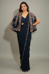 Navy Blue Crepe Silk Readymade Saree with Sequin Beaded Cape Jacket