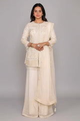 Pearl White Organza Sequinned and Beaded Work Sharara Set