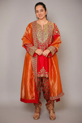 Red Matka Silk Zardosi and Sequinned Worked Suit