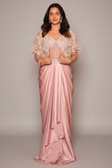 Light Pink Satin Net Beaded Draped Fancy Corset Dress with Cape Jacket