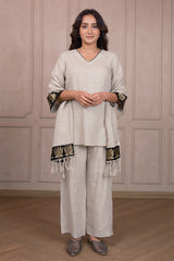 Oyster Beige Linen Co-Ord Set with Lotus Embroidery On Sleeves