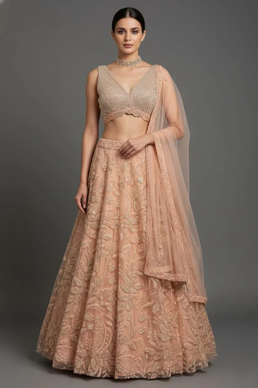 Dusty Pink Lycra Net Shimmer Designer Handworked Lehenga