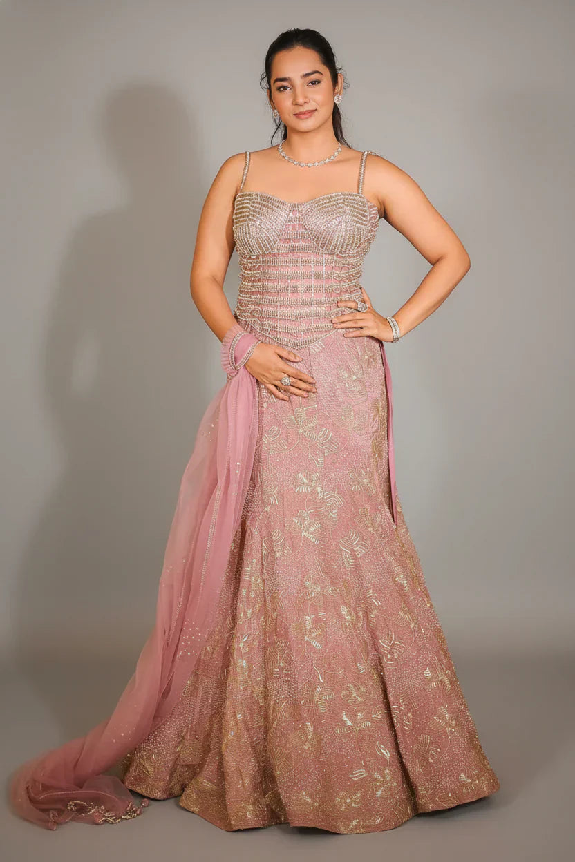 Light Blush Pink Tissue Fish Cut Sequin Beaded Lehenga with Corset