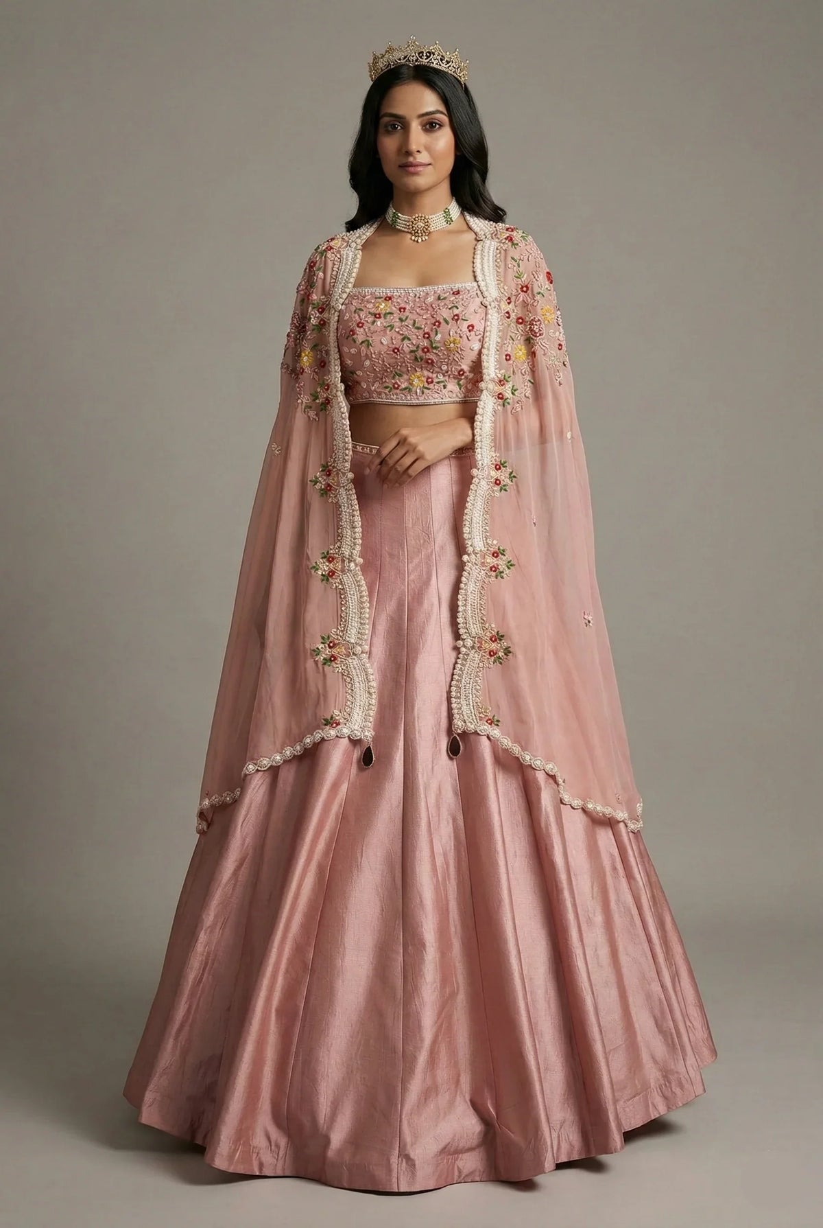 Dusty Pink Raw Silk Beaded Crop Top Lehenga with Shrug