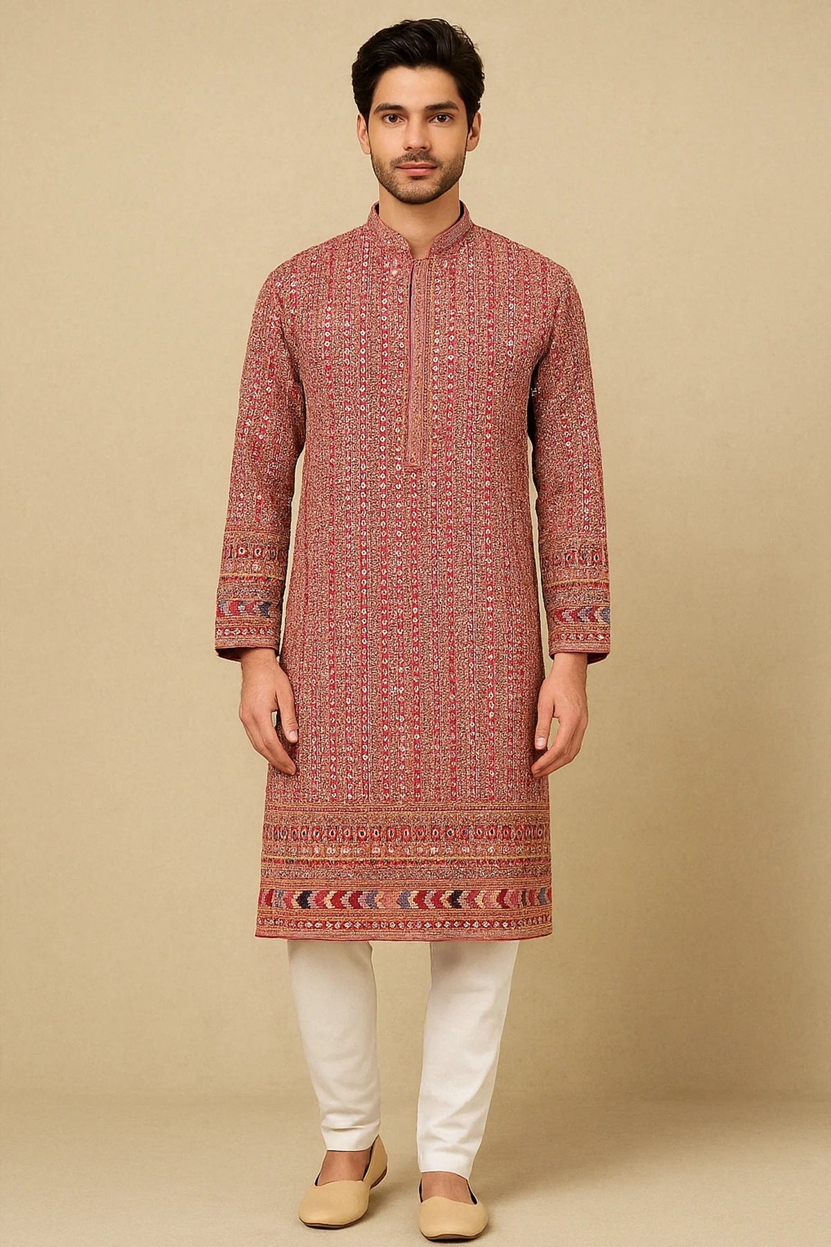 Hot Pink Georgette Sequin Embroidered Kurta Set