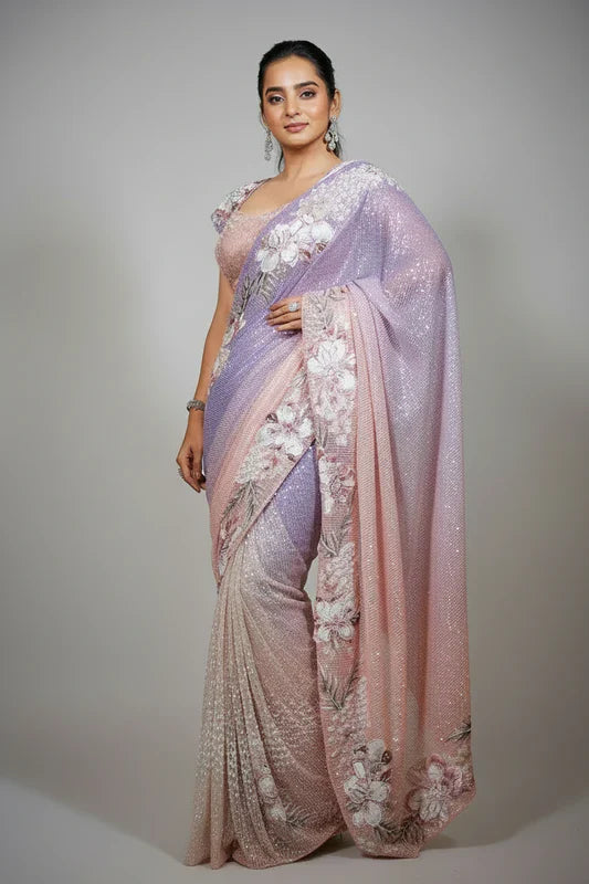 Light Pink and Purple Ombre Net Sequin Beaded Saree
