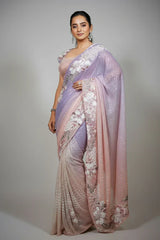 Light Pink and Purple Ombre Net Sequin Beaded Saree