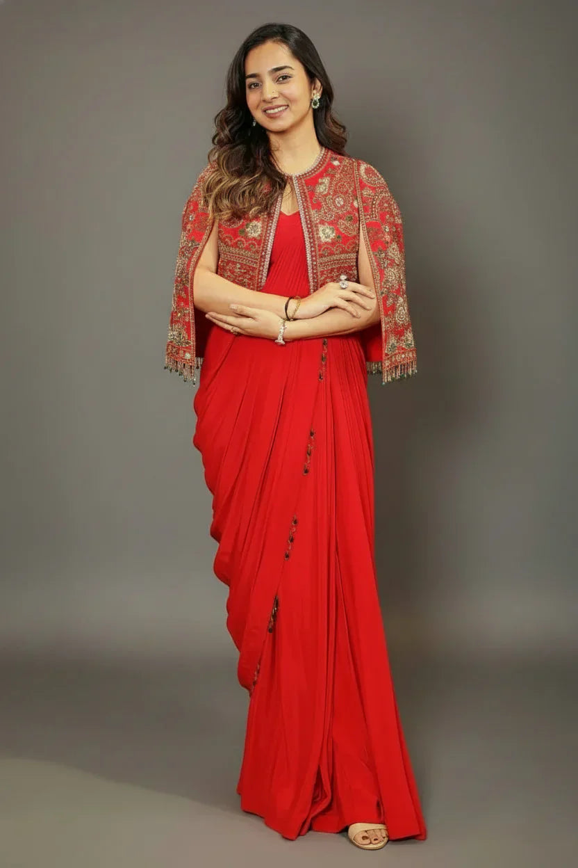 Red Crepe Silk Readymade Saree with Cape Jacket