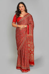 Red Modal Silk Ajrakh Printed Saree with Applique and Readymade Blouse