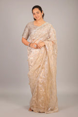 Beige Tissue Organza Gota Patti Worked Saree with Scallop Border