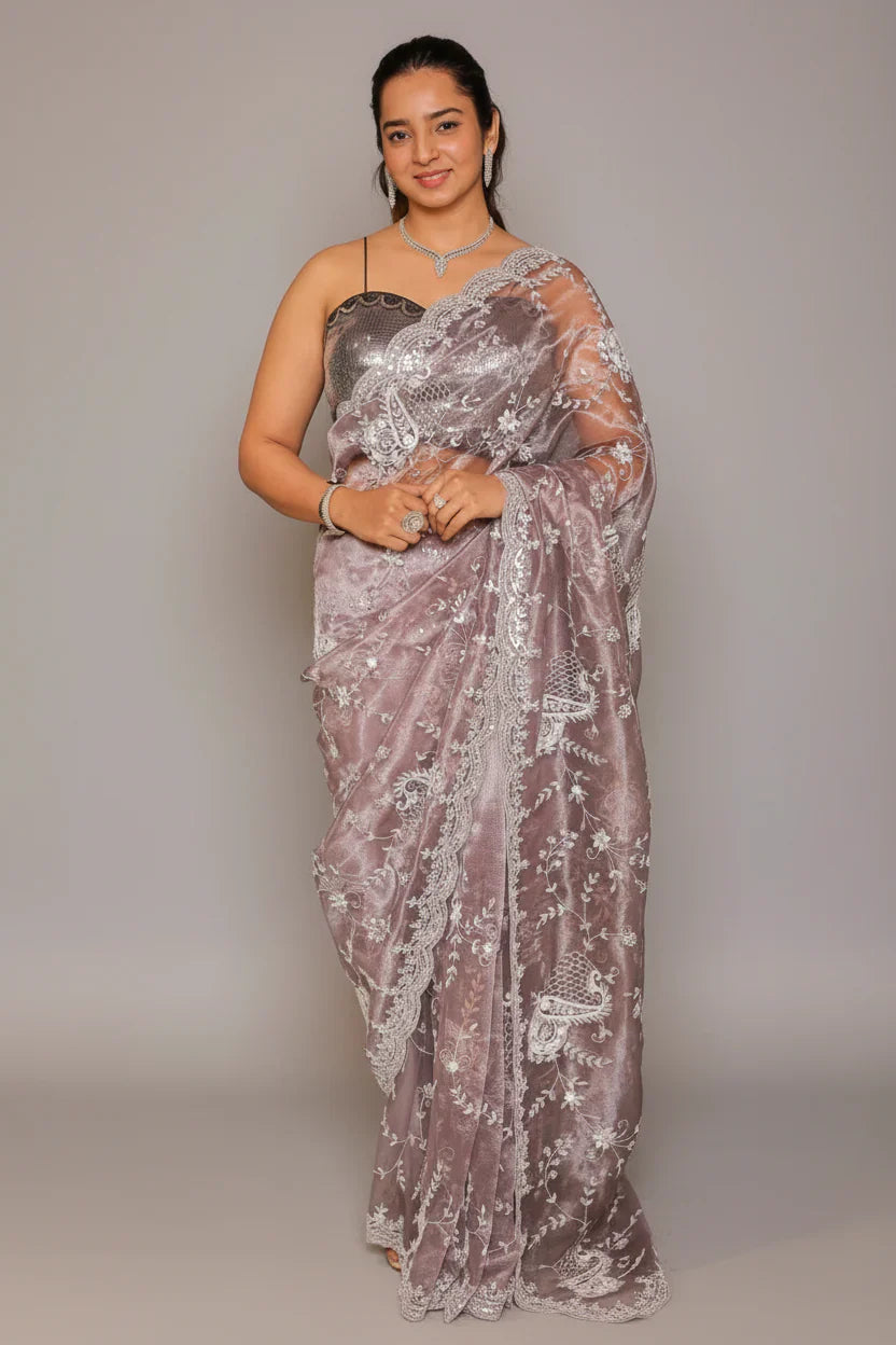 Metallic Lavender Sheen Tissue Organza Gota and Mirror worked Saree