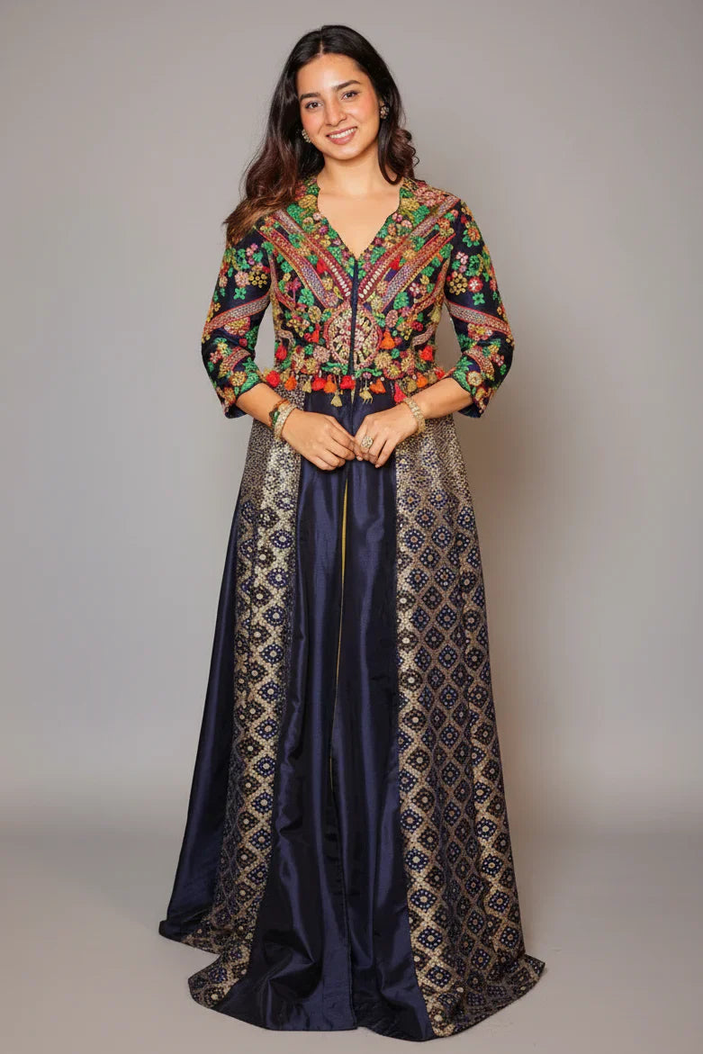 Blue Silk Sequin Embroidered Slit Cut Indo Western Set