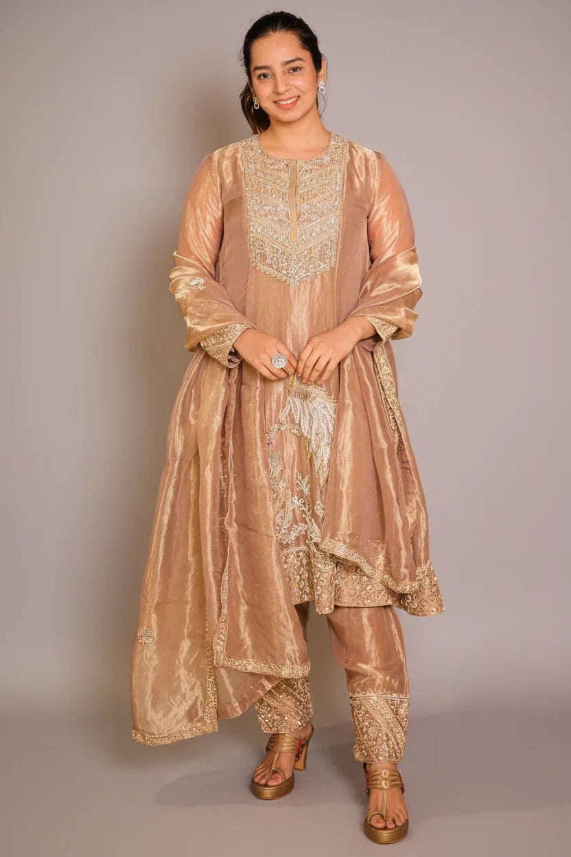 Golden Tissue Silk Beaded and Zardosi Worked Suit