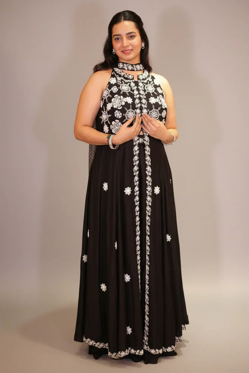 Black Raw Silk Beaded and Mirror Worked Slit Cut Palazzo Suit