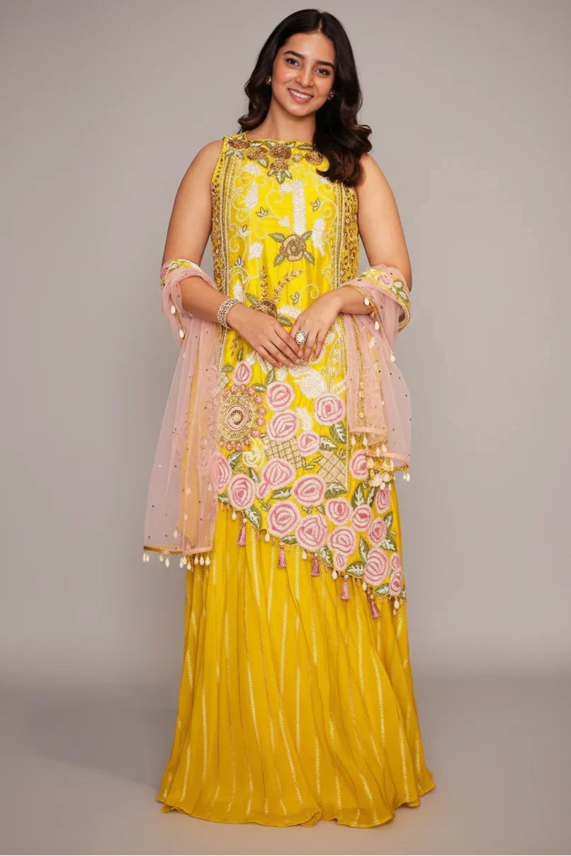 Yellow Raw Silk Asymmetric Floral Embroidered and Bead Worked Palazzo Suit