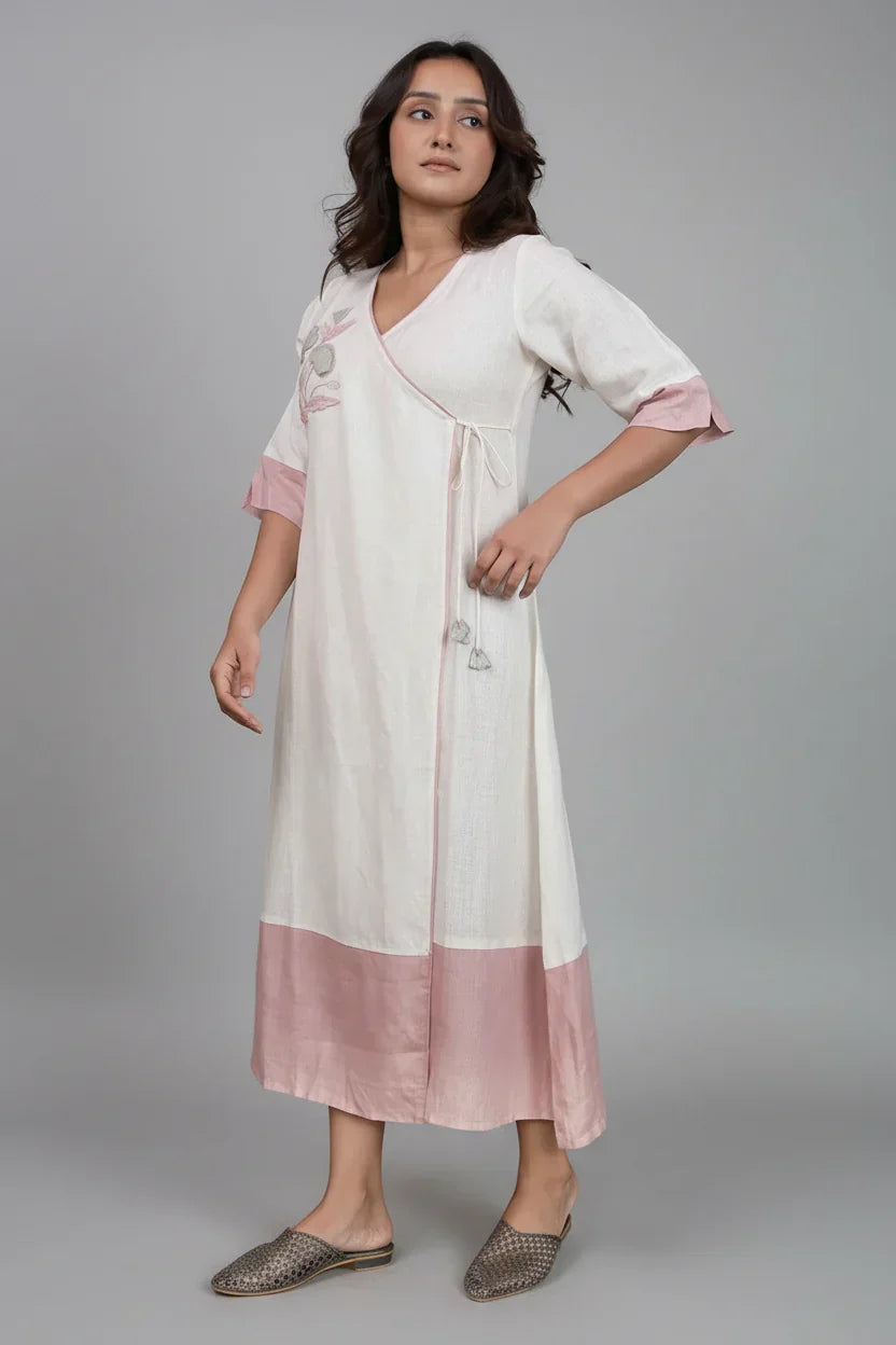 Off White and Pink Linen Embroidered Angrakha Style Kurti