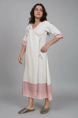 Off White and Pink Linen Embroidered Angrakha Style Kurti