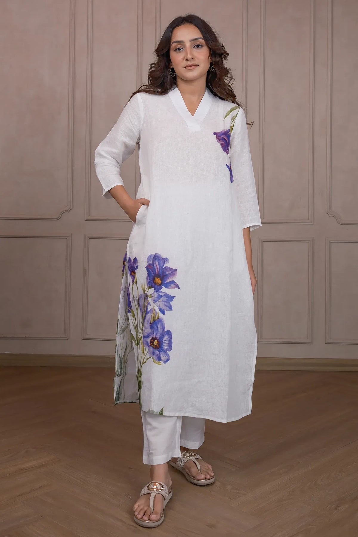 Pearl White Linen Floral Printed Co-Ord Set with Pocket