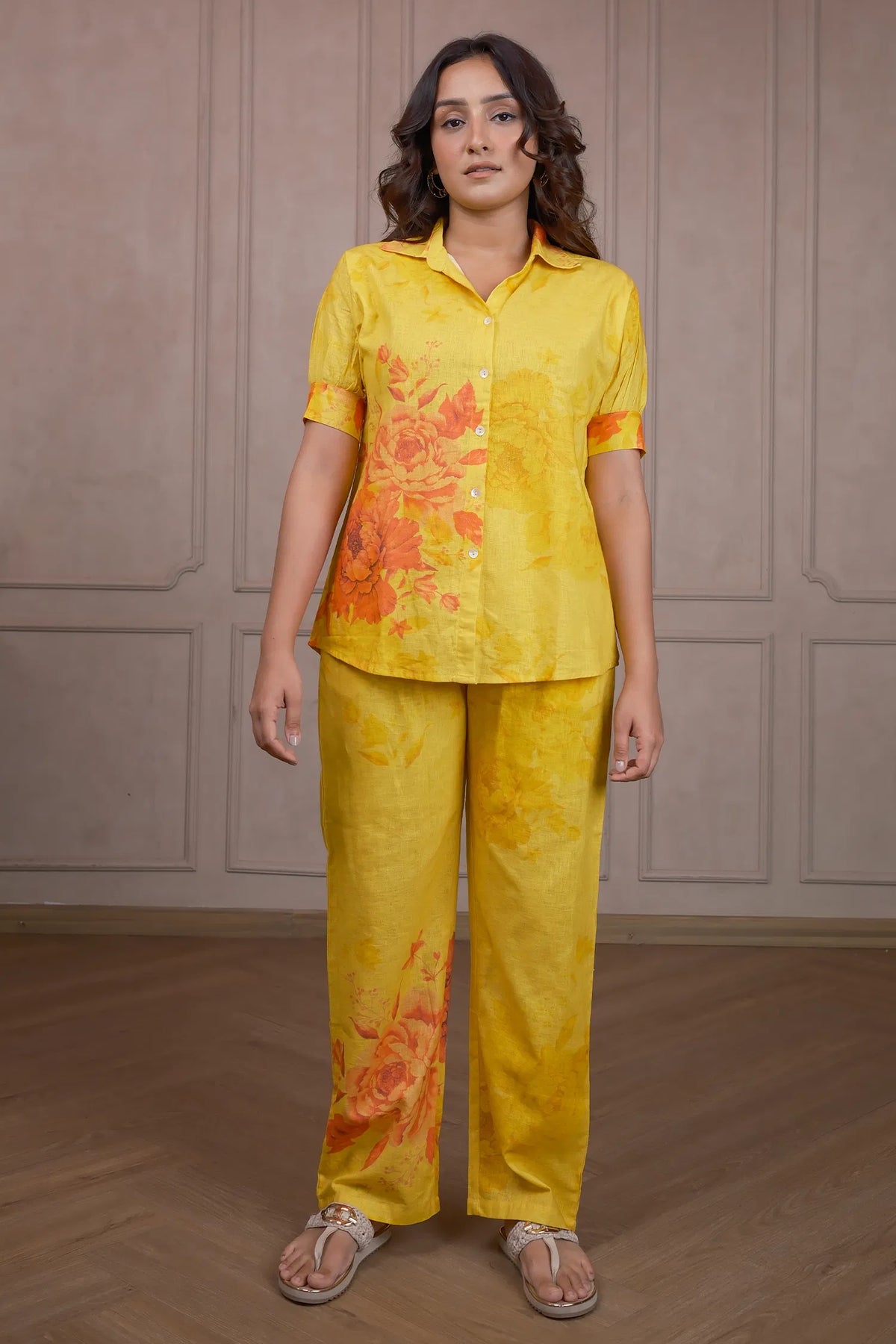 Yellow Linen Floral Printed Co-Ord Set