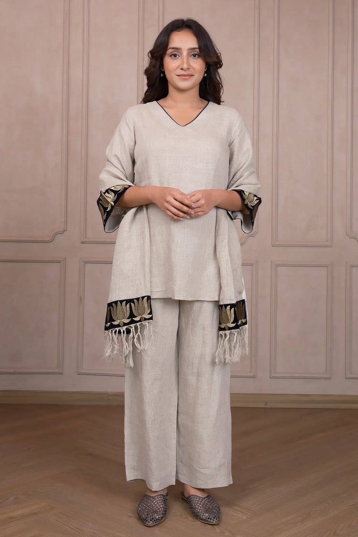 Oyster Beige Linen Co-Ord Set with Lotus Embroidery On Sleeves