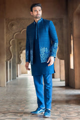 Blue Silk Jodhpuri Kurta Set in Raw Silk with French Knot Embroidery Work Jacket