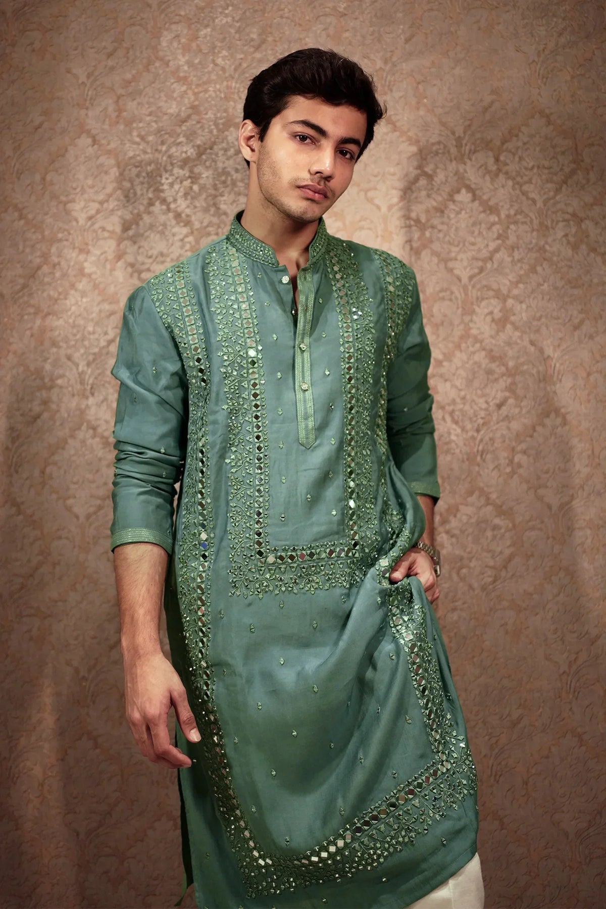 Green Satin Mirror Worked Aligadhi Kurta Pajama